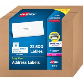 Avery Easy Peel Return Address Labels, 1" X 2-5/8" - 22,500 Blank White Mailing Labels for Shipping, Printing and More (5160)