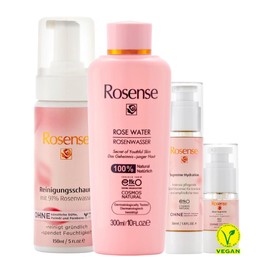 Rosense Pflegeset für trockene/empfindliche Haut: Reinigungsschaum 150ml mit Panthenol,Rosenwasser/Gesichtswasser 300ml,Gesichtscreme mit Hyaluronsäure 50ml,Augenserum 15ml - Hautpflegepaket