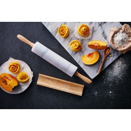 JEmarble Rolling Pin-Wooden Handles(White)(Premium Quality) Polished Surface 18-inch(10"Barrel) Genuine Stone Non-stick Save Effort Easy to Clean