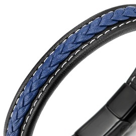 Men Women Blue Black Braided Leather Bracelet Bangle with White Stitches Steel Black Magnetic Clasp(CA)