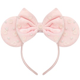 Trnerm Pink Mouse Ears Headband, Heart Beads Fuzzy Bows Cute Hairband for Adult Park Ears Birthday Party Accessories