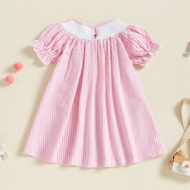 YolanerBaby YolanerBaby Toddler Little Baby Girl Easter Bunny Dress Puff Short Sleeve Stripes Smocked Dresses Easter Outfit for Kids (Pink Bunny Floral, 3-4 Years)