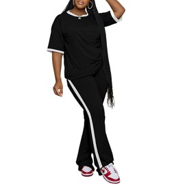 PINSV Women Sets 2 Piece Outfits Comfy Short Sleeve Top and Pants Lounge Sets Travel Airport Outfits Black XXL