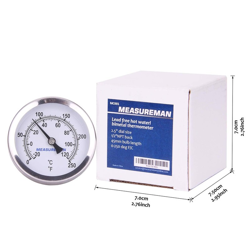 MEASUREMAN Hot Water Bi-Metal Thermometer, 2-1/2" Dial, 1-3/4" Lead-Free Brass