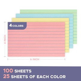 Colored Index Cards 4x6, Goefun Ruled Flashcards 100Pcs, 4 Color Notecards for Studying, Recipes, Memo Cards, Office Supply, DIY, Presentation