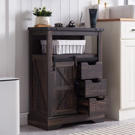 OKD Bathroom Floor Cabinet, Farmhouse Storage Cabinet with Sliding Barn Door & Storage Drawers, Small Storage Cabinet for Bathroom, Kitchen, Living Room, Dark Rustic Oak