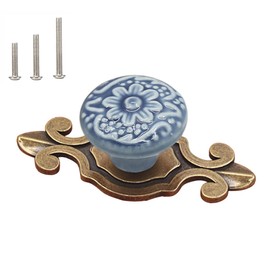 HUAMULAN 10 Pack Retro Ceramic Knobs Vintage Dresser Kitchen Petal Cabinet Pulls Cupboard Wardrobe Drawer Handles, Blue Knob with Bronze Base Backplate