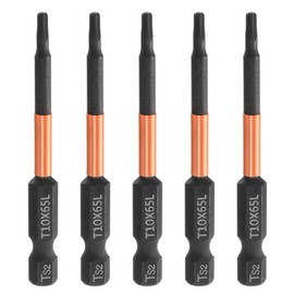 QUARKZMAN 5 Stück T10 Torx-Schraubendreher-Bit 2,56" (65mm) lang 1/4" Sechskantschaft Magnetisch Ohne Loch Manipulationssicher 6-Punkt-Stern Phosphatbeschichteter S2-Stahl