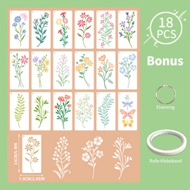 EOAMGO Pack of 18 Flower Stencils, 5.91 x 2.95 Inches Stencils, Wall Design, Reusable Stencils, Textile Design Stencils for Children for DIY Craft Projects, Furniture Wall Decoration