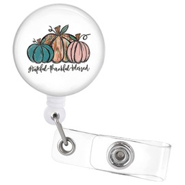 Thanksgiving Badge Reel Retractable ID Clip Cute Pumpkins Badge Holder Grateful Thankful Blessed Harvest Holiday Nurse Teacher Student Office Staff Name Tag Decor Badge Clip