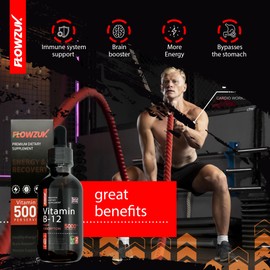 Flowzuk Vitamin B12 Liquid Drops 5000mcg – High Strength Methylcobalamin – Fast Absorbing Vegan B12 Supplement – 60ml Dropper Bottle – Gluten Free, Energy & Wellness Support
