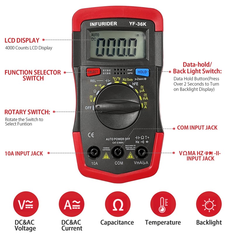 INFURIDER Multimeter Digital YF-36K, Auto Range Voltmeter Ammeter Ohmmeter, 4000