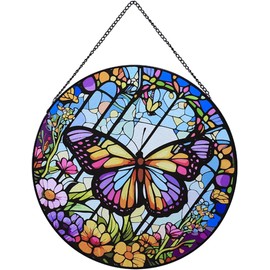 Butterfly Flower Stained Windows Hanging Suncatcher,Crystal Flower Stained Glass Suncatchers Window Ornament Stained Glass Panel Sun Catcher Wall Hanging Decor Birthday Gift