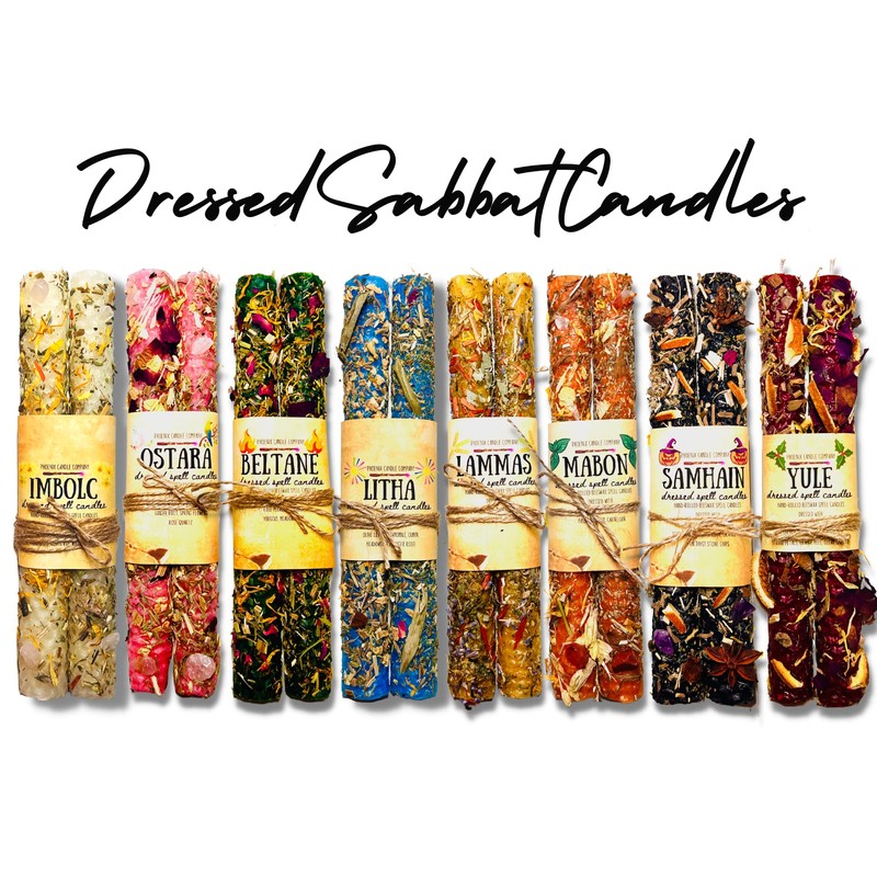 Pair of 8" (20cm) Dressed Sabbat Candles | Beeswax |