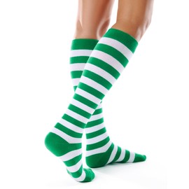 FITRELL Women's Knee High Socks Athletic Socks Stripe Tube Outdoor Sport Socks 1 Pack, Green White Stripes