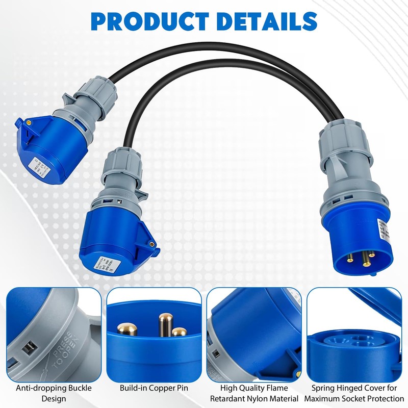 32A Plug to 2 x 16A Sockets, 2 Way Caravan