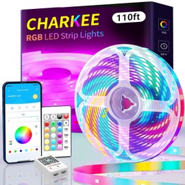 CHARKEE LED Strip Lights 110ft, Music Sync RGB LED Strip Lights for Bedroom/Gaming/Wall Decoration, Color Changing Bluetooth Led Lights IR Remote& APP Control, DIY(Dual-Side Power)