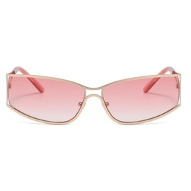 YAMEIZE Vintage Sunglasses for Men Women Y2k Retro Futuristic Sunglasses Wrap Around Rave Party Glasses UV400, Gold/Pink