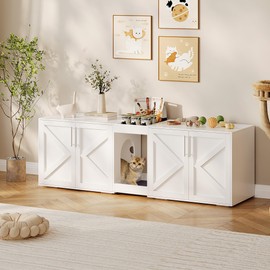 Garveehome Double Cat Litter Box Enclosure, Hidden Cat Litter Box Furniture with Doors and Pads, Wooden Kitty Litter Box Cabinet Furniture (White, 2 Room)