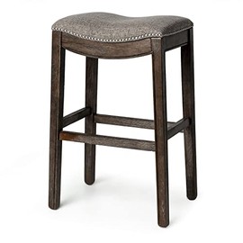 Maven Lane Adrien Kiln Dried Hardwood Saddle Bar Stool, 31" High Performance Fabric Seat, Wire Brush Finish, and Nailhead Trim, Dark Walnut/Stone Grey