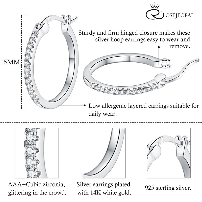 925 Sterling Silver Post Small Hoop Earrings|Silver Hinged Cubic Zirconia
