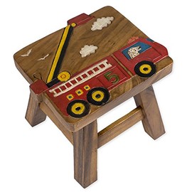 Sea Island Imports Red Fire Truck Design Hand Carved Acacia Hardwood Decorative Short Stool