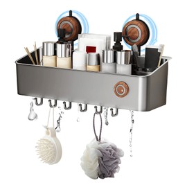 HONGYUETECH Suction Cup Shower Caddy, Removable Plastic Shower Shelf with Drainage, Multi-Use for Bathroom/Kitchen/RV/Hotel, Heavy-Duty Suction Shower Storage Organizer, Gray (Mahogany-L)
