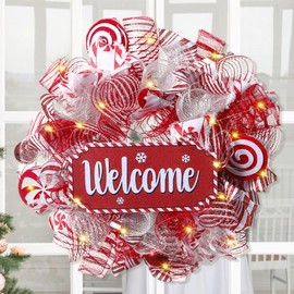 Christmas Welcome Wreath for Front Door with Light, Artificial Mesh Decor Wreath with Candy, Outdoor Indoor Winter Holiday Wreath Christmas Decoration for Door Fireplaces Wall Home Decor