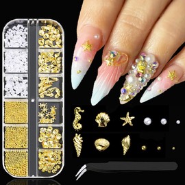 ITPOYOL Beach Nail Art Charms 3D Metal Ocean Nail Charms Gold Beads Shell Seahorse Starfish Conch Summer Design Nail Supplies Half Round Nail Pearls Gems Jewelry Accessories for Women Nail Decorations