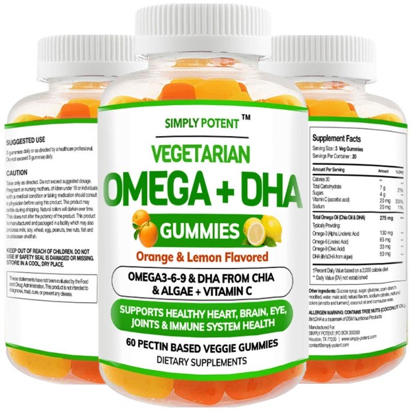 Omega 3 Gummies, Fish Oil Free Vegan Omega 3 6 9 + DHA, Chia Seed & Algae Based Omega 3 Supplement for Men Women & Kids for Brain Heart Joint Eye & Immune Health, Orange & Lemon Flavored 60 Gummies