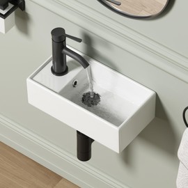 Small Wall Mount Bathroom Vessel Sink, QISHKA 15.5" X 8.5" Rectangular Floating Ceramic Wash Hand Basin- White Wall Hung Vanity Sink with Overflow for Small Bathroom (Left Hand)