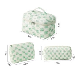 LYkotama Makeup Bag Set, Large Travel Cosmetic Bags for Women, 3pcs Cute Floral Makeup Bags, Cotton Quilted Toiletry Organizer Bag, Women's Emergency Bag (Green - Grid)