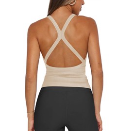 Hragc Womens Halter Tops Apricot Racerback Workout Tank Top for Women Plunge V Neck Split-Back Spaghetti Strap Fitted Ribbed Yoga Athletic Shirts Small