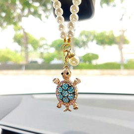 Bling Turtle Rear View Mirror Accessories, Cute Car Decor for Women, Imitation Pearl Chain Tortoise Car Charms Hanging Ornament Rearview Mirror Accessories