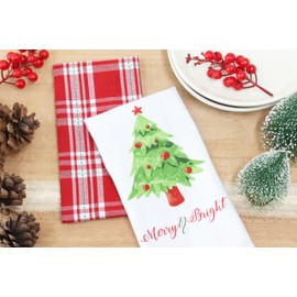 PurpleEssences Christmas Kitchen Towel Set of 2-100% Cotton Tea Towels for Baking, Cleaning, Entertainment & Cooking, Holiday - Christmas Tree and Plaid