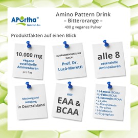 APOrtha® Multi Essential Amino Pattern – 400 g Bitterorange-Drink mit 8 essentiellen Aminosäuren nach Prof. Dr. Lucà-Moretti, ausgewogenes Aminosäuren-Profil, EAA Pulver, ohne Zuckerzusatz