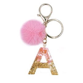jtkdxqs Letter A-Z Keychain Crystal Pink with ball Pom pom Key Ring for Women Backpack Handbags Cute Pendant,Letter A