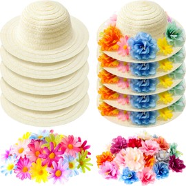Mepase 70 Pcs DIY Straw Hat with Flower Girls Tea Party Straw Hat 10 Straw Hat 60 Airtificial Flower Cowboy Kids Dress Up Hat (Multicolor,Medium (Age 6-10))