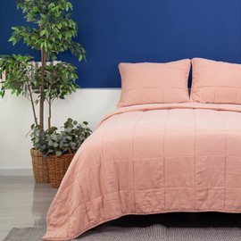 meadow park Stonewashed Linen Blend Box Stitch Quilt and Matching Pillow Shams 3pcs Set, Queen Size, Blush Color