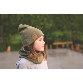 Bubalove Kids Hat + Chimney Set for Girls, Boys, Babies, Hat, Hand Stitched Headwear, DIY Scarf and Hat Set for Children, olive