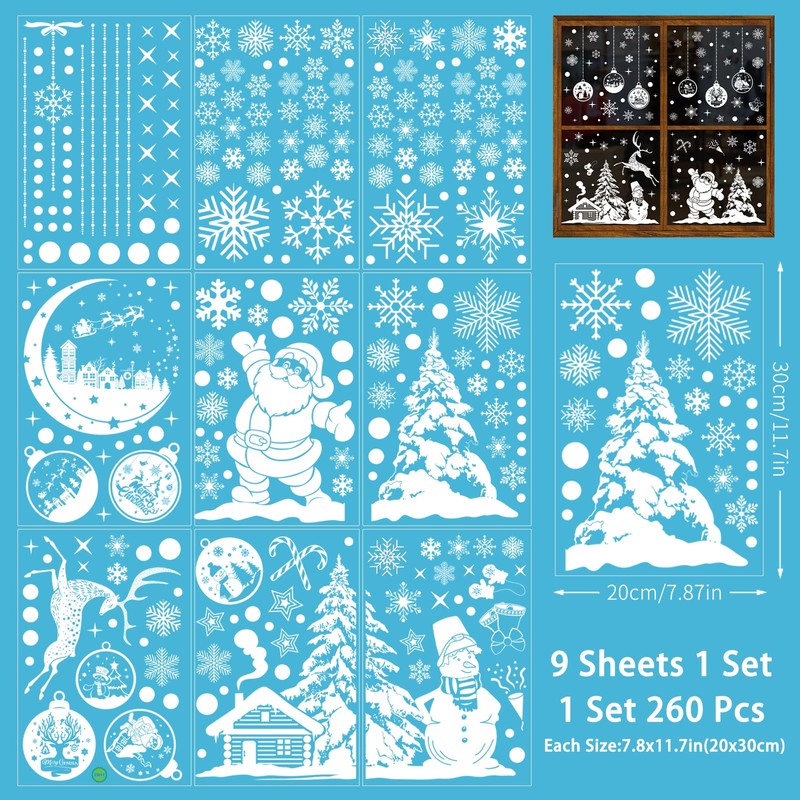 Fassory White Christmas Window Stickers 9 Sheets 260 Pcs, Reusable