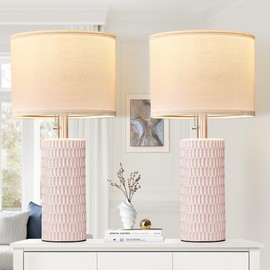 Reaketon Table Lamps for Living Room Set of 2, Ceramic Table Lamps for Bedroom, 20" Modern Lamps for Night Stands, Pink