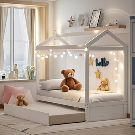 LINKHOO Twin Size House Bed with Trundle for Kids, Wooden Montessori Bed Frame with Roof and Slat Support, No Box Spring Required, White