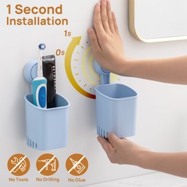 LEVERLOC Powerful Suction Cup Toothbrush Holder, No Drill Removable Wall Shower Holder for Toothbrush, Toothpaste, Razor, Self-draining Suction Cup in Shower, Kitchen Tableware Organizer, Blue, 2 Pack