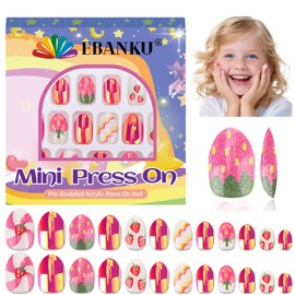 EBANKU 1 Pack Kid Fake Nail Kit, 26 Pieces Strawberries Press on Nails for Kids Almond Press on Nail Short Artificial False Nail Kits for Kids Girls