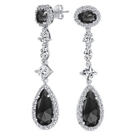 Long Black White Cubic Zirconia Teardrop Simulated Onyx Citrine CZ Chandelier Earrings Rhodium Plated Brass 2.2 Inch