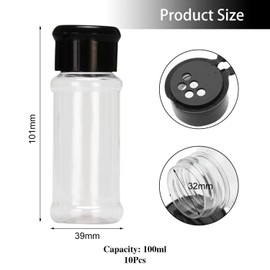 Pack of 10 Pepper Shakers, Spice Bottles with Hinged Lid, Spice Bottles with Transparent Base, Spice Dispensing Bottles, Plastic Storage Jars, Refillable Spice Bottles
