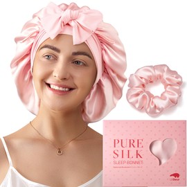 LitBear 100% Mulberry Silk Bonnet for Sleeping Women, 6A 22 Momme, Large Double-Layer Silk Hair Wrap with Tie Band, Non-Slip Turban, Includes Silk Scrunchie