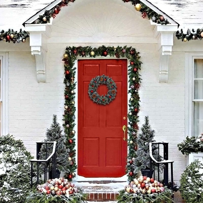 2Pcs Artificial Christmas Wreath with 1 Rope and 2 Hooks,