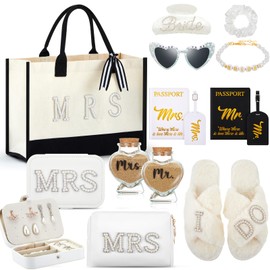Dansydaisy 14 Pcs Bridal Shower Gifts Set Including Mrs Cosmetic Bag Tote Bag Jewelry Box Claw Hair Clip Bridal Hair Tie Heart Sunglasses Honeymoon Travel Supplies for Women Wedding Gifts